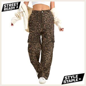 High Waist Wide Leg Cargo Pants Stretchy Pull On Casual with Pockets